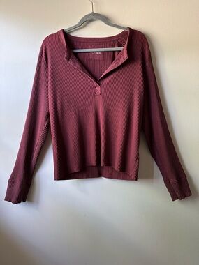 Aerie Ribbed Long Sleeve Henley T-Shirt Top Wine Burgundy Sz XXL Lounge Relaxed